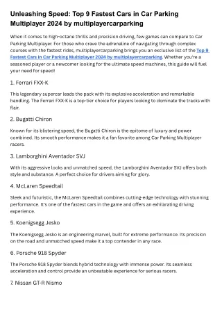 Unleashing Speed Top 9 Fastest Cars in Car Parking Multiplayer 2024 by multiplayercarparking