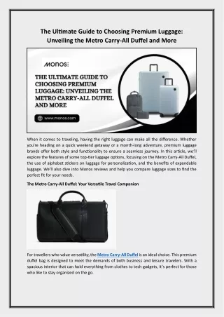 The Ultimate Guide to Choosing Premium Luggage Unveiling the Metro Carry-All Duffel and More