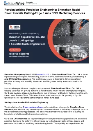 Shenzhen Rapid Direct Unveils Cutting-Edge 5 Axis CNC Machining Services
