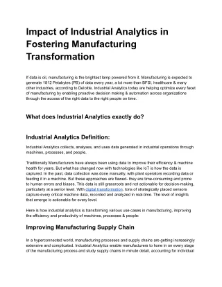 Impact of Industrial Analytics in Fostering Manufacturing Transformation