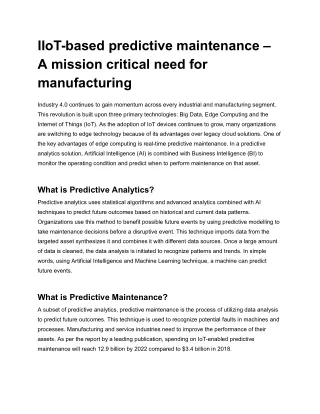 IIoT-based predictive maintenance – A mission critical need for manufacturing