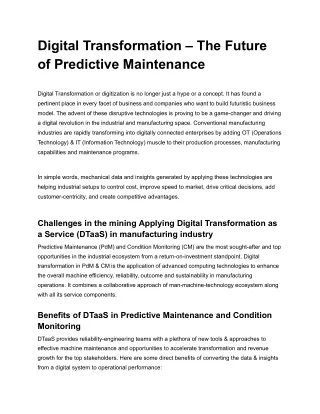 Digital Transformation – The Future of Predictive Maintenance