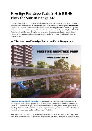 Prestige Raintree Park | Flats in Bangalore