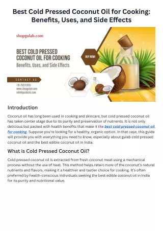 Best Cold Pressed Coconut Oil for Cooking Benefits, Uses, and Side Effects