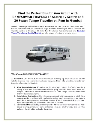 13 Seater Bus Traveller on Rent in Mumbai