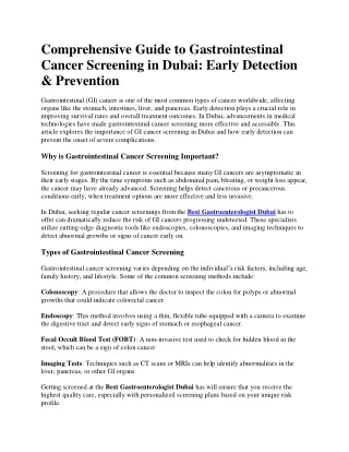 Comprehensive Guide to Gastrointestinal Cancer Screening in Dubai Early Detection & Prevention