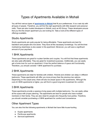 KS Group- Types of Apartments Available in Mohali