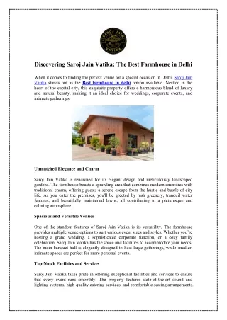Find the Best Farmhouse in Delhi at Saroj Jain Vatika