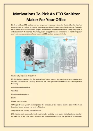 Motivations To Pick An ETO Sanitizer Maker For Your Office