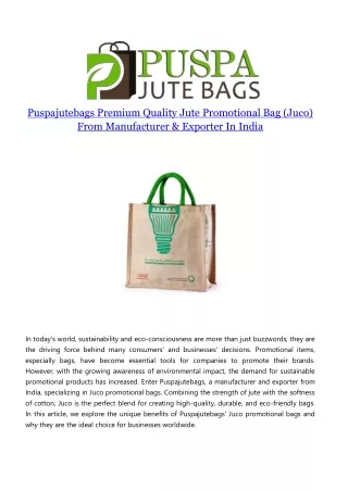 Puspajutebags Premium Quality Jute Promotional Bag (Juco) from Manufacturer & Exporter in India