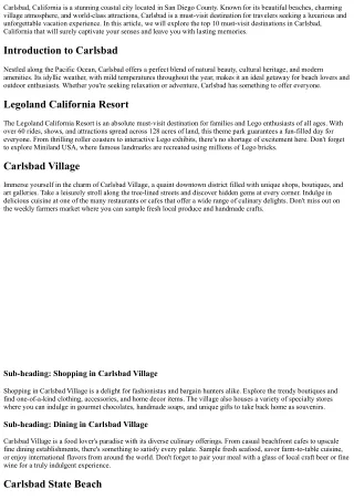 Top 10 Must-Visit Destinations in Carbslbad, California