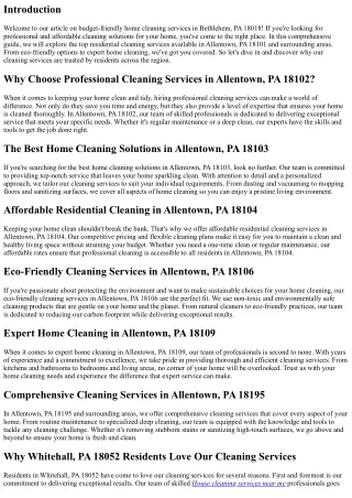Budget-Friendly Home Cleaning Services in Bethlehem, PA 18018