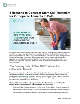 4 Reasons to Consider Stem Cell Treatment for Orthopedic Ailments in Delhi