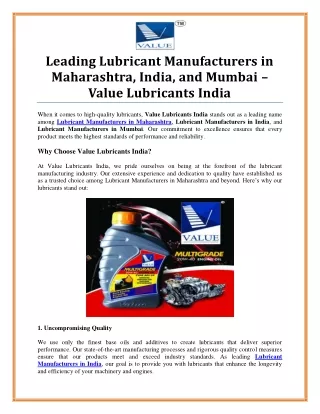 Top Lubricant Manufacturers in Maharashtra, Mumbai, and Across India