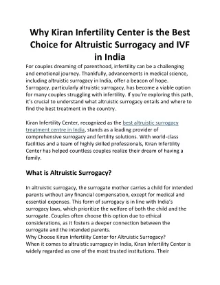 Why Kiran Infertility Center is the Best Choice for Altruistic Surrogacy and IVF in India