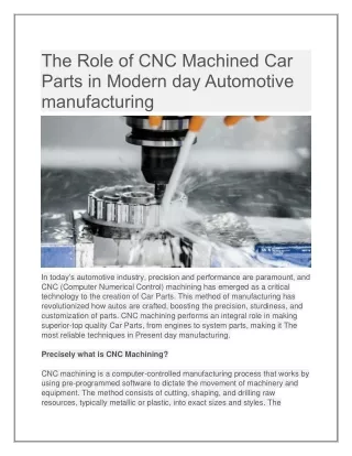 The Role of CNC Machined Car Parts in Modern day Automotive manufacturing