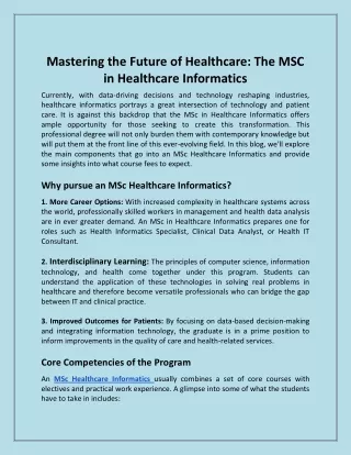 Mastering the Future of Healthcare The MSC in Healthcare Informatics