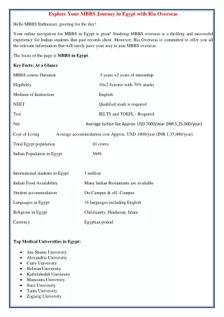 Explore Your MBBS Journey in Egypt with Ria Overseas
