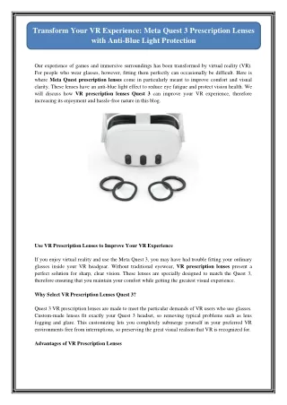 Transform Your VR Experience: Meta Quest 3 Prescription Lenses with Anti-Blue Li