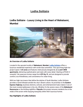 Lodha Solitaire in Mahalaxmi, Mumbai | Buy 2, 3, 4 & 5 BHK Luxury Apartments