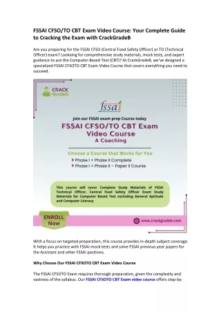 FSSAI CFSOTO CBT Exam Video Course Your Complete Guide to Cracking the Exam with CrackGradeB