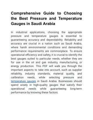 Comprehensive Guide to Choosing the Best Pressure and Temperature Gauges in Saudi Arabia