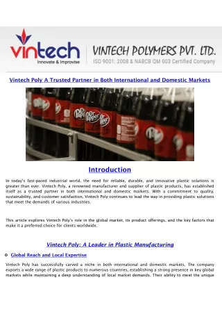 Vintech Poly A Trusted Partner in Both International and Domestic Markets