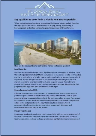 Key Qualities to Look for in a Florida Real Estate Specialist