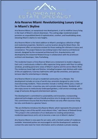 Aria Reserve Miami: Revolutionizing Luxury Living in Miami's Skyline