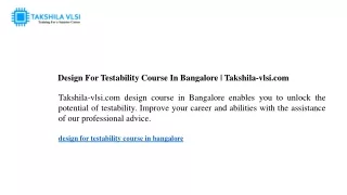 Design For Testability Course In Bangalore  Takshila-vlsi.com