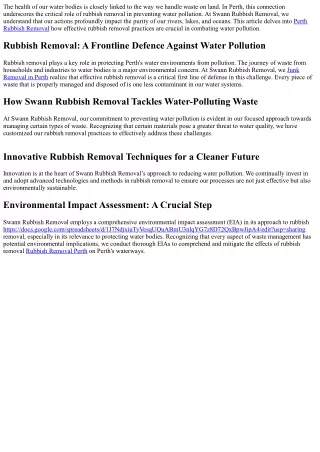 The Impact of Rubbish Removal on Water Bodies in Perth