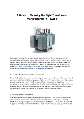 A Guide to Choosing the Right Transformer Manufacturers in Howrah