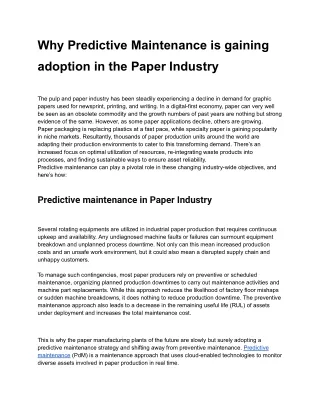 Why Predictive Maintenance is gaining adoption in the Paper Industry