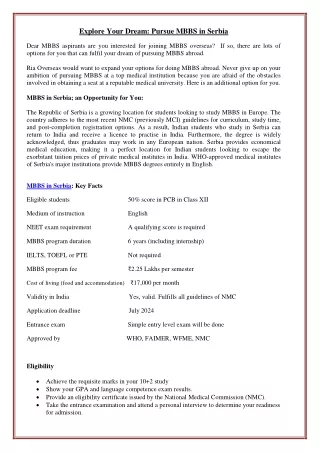 Explore Your Dream: Pursue MBBS in Serbia