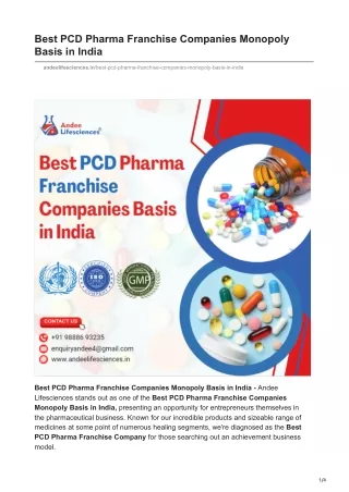 Best PCD Pharma Franchise Companies Monopoly Basis in India