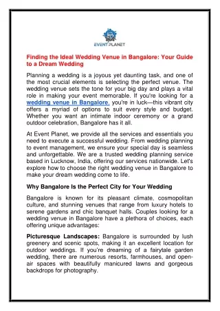 Finding the Ideal Wedding Venue in Bangalore Your Guide to a Dream Wedding