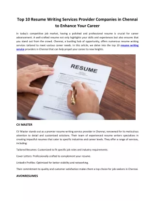 Top 10 Resume Writing Services Provider Companies in Chennai to Enhance Your Car