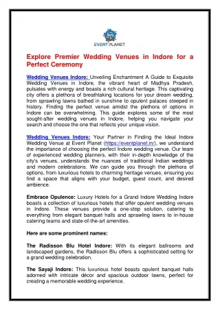 Explore Premier Wedding Venues in Indore for a Perfect Ceremony