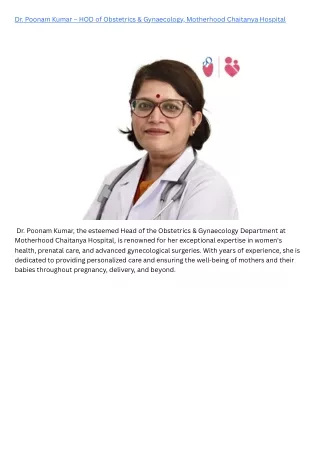 Dr. Poonam Kumar – HOD of Obstetrics & Gynaecology, Motherhood Chaitanya Hospital