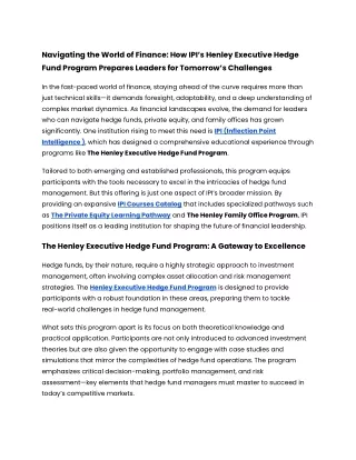 Navigating the World of Finance_ How IPI’s Henley Executive Hedge Fund Program Prepares Leaders for Tomorrow’s Challenge