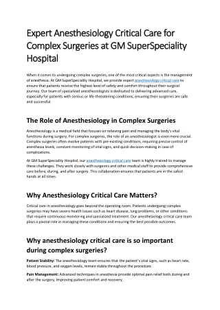 Expert Anesthesiology Critical Care for Complex Surgeries at GM SuperSpeciality Hospital