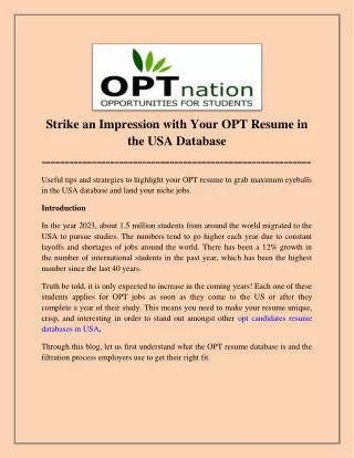 Strike an Impression With Your OPT Resume in the USA Database