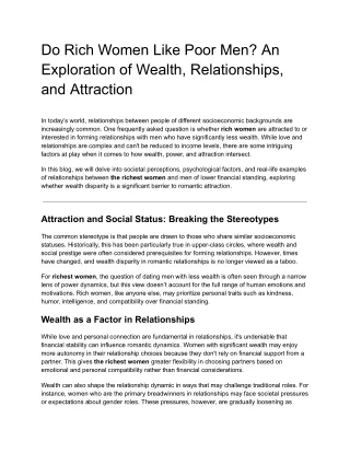 Do Rich Women Like Poor Men An Exploration of Wealth, Relationships, and Attraction