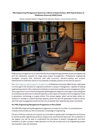 MSc Engineering Management Opens Up a World of Opportunities, With Hybrid Option at Middlesex University (MDX) Dubai