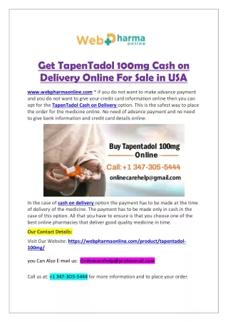 Get TapenTadol 100mg Cash on Delivery Online For Sale in USA