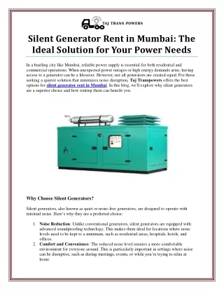 Silent Generator Rent in Mumbai: Quiet Power Solutions