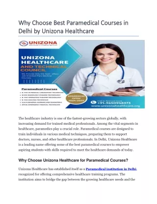 Why Choose Best Paramedical Courses in Delhi by Unizona Healthcare