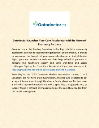 Gotodoctor Launches Your Care Accelerator with its Network Pharmacy Partners