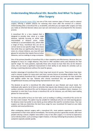 Understanding Monofocal IOL - Benefits And What To Expect After Surgery