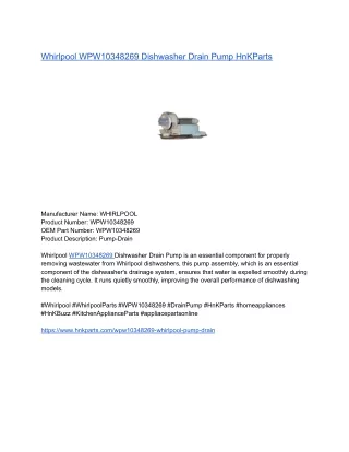 Whirlpool WPW10348269 Dishwasher Drain Pump HnKParts